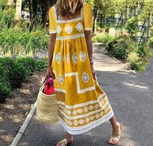 Tangnade Women Summer Casual Boho Print U-Neck Short Sleeve Big Swing Maxi Dress