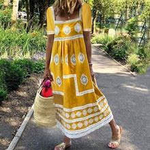 Tangnade Women Summer Casual Boho Print U-Neck Short Sleeve Big Swing Maxi Dress