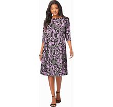 Plus Size Women's Ultrasmooth® Fabric Boatneck Swing Dress By Roaman's In Purple Orchid Folk Paisley (Size 30/32)