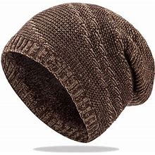 Haxmnou Womens And Men Knit Cap Big Head Hat Striped Beanie Soft Knit Slouchy Wool Hats Hick Knit Cold Weather Hat Ski Cap Unisex 2023 Winter Brown