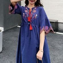 Women Floral Embroidered Maxi Dress Ethnic Cotton Linen Flared Boho