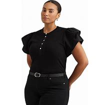 LAUREN Ralph Lauren Plus-Size Stretch Cotton Flutter-Sleeve Henley Top Women's Clothing Black : 1X
