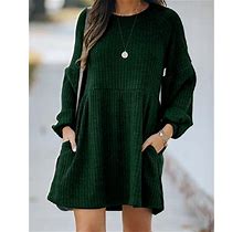 Womens Casual Long Lantern Sleeve Knit Mini Dress Solid Color A-Line Short Sweater Dress With Pockets