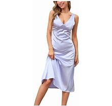 Satin Dress For Women Sexy V Neck Sleeveless Wedding Guest Dress Cocktail Party Evening Flowy Midi Formal Dresses
