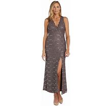 Women's Nightway Long Glitter Lace With Scalloped V-Neck Dress, Size: 14, Med Brown