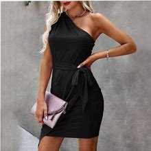 Vkekieo Sexy Dresses For Women Sun Dress One Shoulder Sleeveless Printed Black S