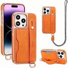 Lanyard Artificial Leather Phone Case Cover With Hand Holder Card Slot Wristband For iPhone 15 15Plus Pro Max,Orange,All-New,Temu