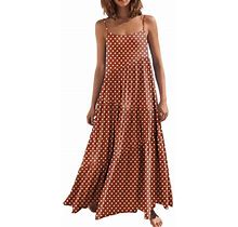 Sleeveless Sundresses Womens Casual Sexy Dots Print Spaghetti Strap Beach Long Dress Ruffle Swing Sling Maxi Dress