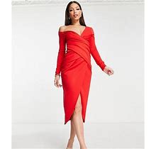 ASOS DESIGN Tall Drop Shoulder Midi Dress With Pleat Detail In Red