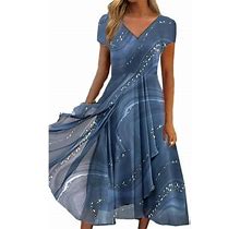 Niuer Women Maxi Dresses Swng Hem Summer Beach Sundress V-Neck Long Dress Hawaiian Short Sleeve Stone Pattern Blue S