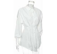Women Cotton Long Sleeve Mini Dress Blouse Top Shirt White Pleated