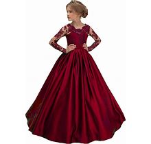 Junguan Girls' Long Sleeves Pageant Dresses Lace Aline Princess Prom Dress Formal Ball Gowns With Pockets TF006