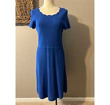 Talbots Dress Petite Medium Blue Cotton Short Sleeve Scalloped Edge A