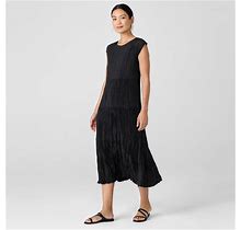Eileen Fisher | Women's Crushed Silk Jewel Neck Tiered Dress | Black | Size: Petite Medium Petites