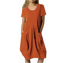 Summer Savings Clearance! Edvintorg Summer Clothes For Women Cotton And Linen Dress Summer Casual Round Neck Button Short Sleeve Dress With Pocket