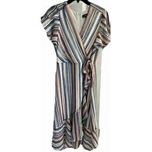 Luxology Womens Short Sleeve Multi-Color Striped Wrap Dress Midi