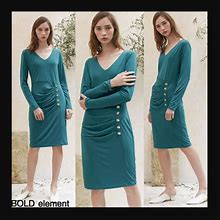 Bold Elements Dresses | Bold Elements Turkis Button Long Sleeve Green Dress - Small | Color: Green | Size: S