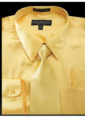 Men's Regular Fit Shiny Satin Dress Shirt, Tie & Pocket Square Set In Gold, 17½ 34/35 / Gold