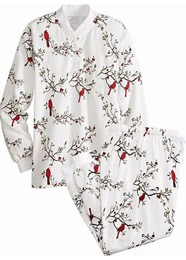 Women's Portuguese Cotton Flannel Ski Pajamas - White Snow Cardinal - Large - The Vermont Country Store