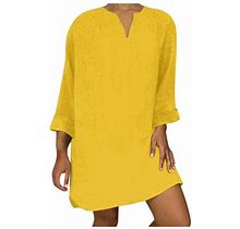 Womens Boho Dress Womens Fall Waffle Knit V-Neck Loose Women Dresses Large Cotton Linen Ruffle Hem A Line Long Sleeve Mid Calf Dress Yellow L