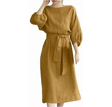 Ylioge Wedding Guest Dress Fall 2023, Womens Gowns And Evening Dresses Cotton Linen Elegant Retro Casual Loose Mid Sleeve Crewneck High Wasit Hem Soli