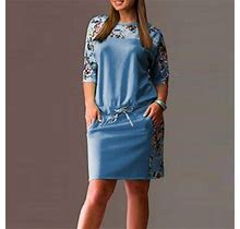 Summer Dress For Women Fashion Women Plus Size Short Sleeve O-Neck Print Strappy Dress Dresses Polyester Blue 2Xl