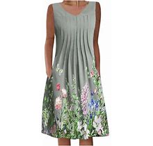 Htnbo Summer Floral Midi Dresses For Women Trendy Casual V Neck Sleeveless Ruched Flowy Dress Fashion Under $15