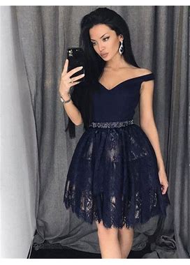 2022 A-Line Satin Lace Off-The-Shoulder Beading Short Homecoming Dresses