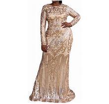 Trendvibe365 Sequin Dress Women Brown Crewneck Formal Dresses Long Sleeve Cocktail Dresses Sequin Sparkly Dress Maxi Party Prom Dress Sexy Evening Vin
