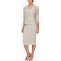 S.L. Fashions Women's Tea Length Sequin Lace Dress With Illusion Sleeve Jacket