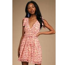Orange Multi Floral Print Ruffled Mini Dress | Womens | Small (Available In XS, M, L, XL) | 100% Polyester | Lulus | Casual Dresses | Dresses