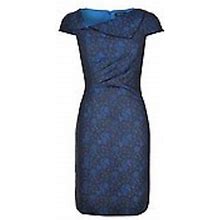Tahari 5229M359 Royal Blue/Black Asymmetrical-Neck Lace Print Dress,