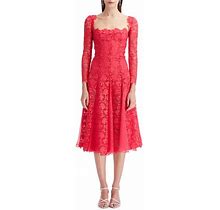 Oscar De La Renta Gardenia Long Sleeve Guipure Lace Fit & Flare Dress In Cerise At Nordstrom, Size 6