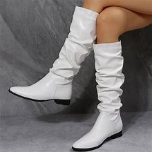 Women's Boots Slouchy Boots Plus Size Solid Colored Knee High Boots Winter Flat Heel Pointed Toe PU Leather Loafer Black White