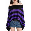 Women Off Shoulder Sweaters Knit Tops Spring Autumn 90S Vintage Clothes Stripe Ripped Long Sleeve Loose Sweaters Female Clothing-C-One Size