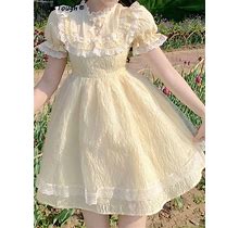 Summer Lace Fairy Dress Women Patchwork Puff Sleeve Fluffy Slim Fit Party Dress