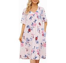 Bloggerlove Floral V-Neck Short Sleeve House Dress With Pockets For Women - Perfect For Lounging And Relaxing At Home