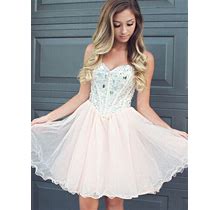 Knee Length Strapless A-Line Tulle Homecoming Dress With Beaded Bodice