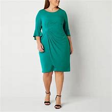 Connected Apparel Plus 3/4 Bell Sleeve Sheath Dress | Green | Plus 16W | Dresses Sheath Dresses | Stretch Fabric | Easter Fashion