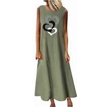 Feancey Womens Linen Tank Dress Summer Heart Printed Loose Maxi Long Dresses Casual Round Neck Sleeveless Beach Vacation Dress