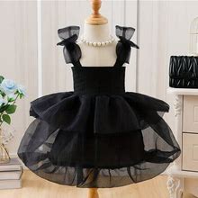 Girls' Princess Birthday Dress With Mesh Tulle Stitching Grace Strappy Tutu Dress For Party Outfit,Black,Reliable,Temu