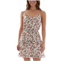 Bcx Dress Womens Ivory Tie Ruffled Floral Spaghetti Strap V Neck Short Party Fit + Flare Dress Juniors M
