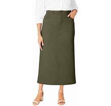 Jessica London Women's Plus Size Classic Cotton Denim Midi Skirt Pockets Long Jean Skirt - 36, Dark Olive Green