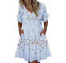 Ukap Women Baby Doll Dress Summer Casual Party Dress Pleated Flowy Swing Short Sleeve V Neck Mini Dress With Pockets