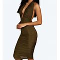 Boohoo Dresses | Flora Ruched Side Plunge Halter Slinky Dress Olive | Color: Green | Size: 14