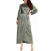 PINUPART Women's Elegant Empire Waist Long Sleeve Satin Maxi Dress