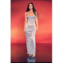 Boohoo Megan Fox Maxi Dress Size Medium Metallic Silver 8 Long Dress
