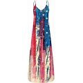 Maxi Dress For Women Crewneck Sleeveless Print Independence Day Summer Casual Long Dress With Pockets