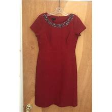 Ann Taylor Beaded Jewels Embellished Pencil Dress Red 4 Petite Holiday