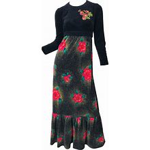 1970S Poinsettia Print Embroidered Beaded Velvet Velour Holiday Maxi Dress Gown